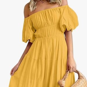 ZESICA Women's Boho Off Shoulder Puff Short Sleeve Flowy A Line Midi Dress